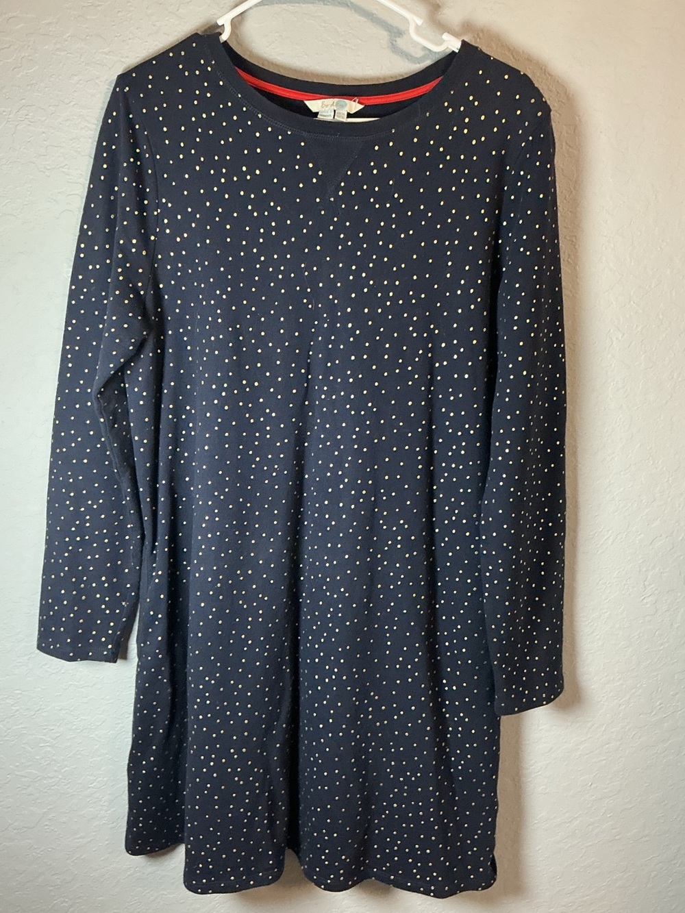 Boden Women’s US 10 UK 14 Navy Blue Gold Polka Dot Long Sleeve Cotton Dress